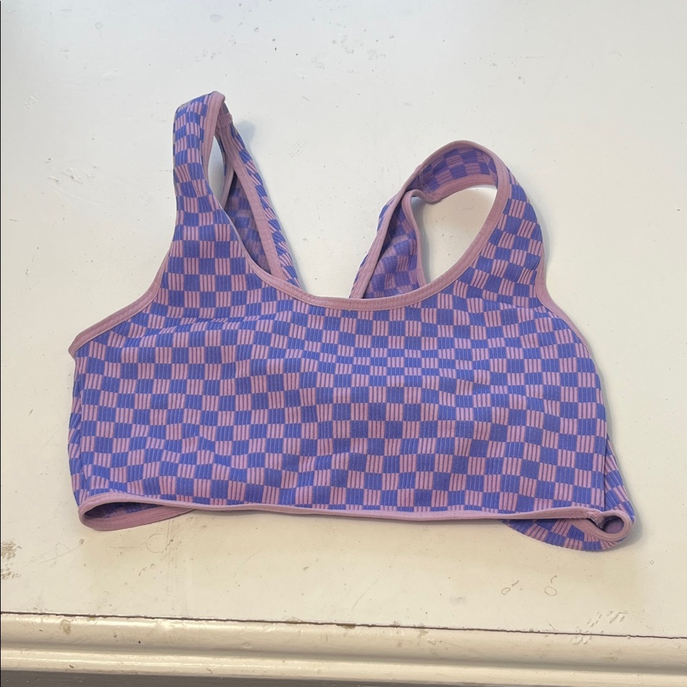 No Boundaries Medium Purple Checkered Print Reversible Sports Bra